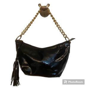 MAURIZIO TAIUTI BAG HOBO SHOULDER BLACK PATENT LEATHER ITALY GOLD CHAIN STRAP